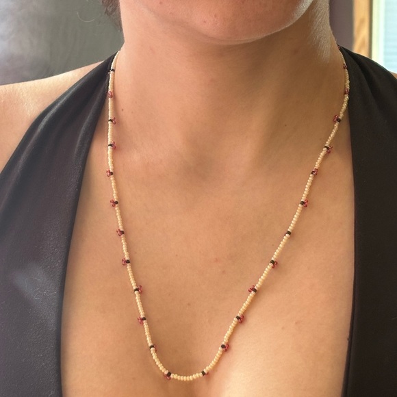 Handmade Delicate Cream Beaded Necklace with Red Accent Beads - Picture 2 of 5